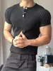 2025 Verano Nueva Camiseta Gris Ajustada de Manga Corta para Hombre Cuello Polo Americano Fitness Muestra Músculos Top Juvenil de Moda