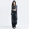 Calça Jeans Wide Leg com Degradê Azul Escuro para Mulheres, Novo Estilo Outono e Inverno, Cintura Alta, Relaxada Estilo Americano, Perna Larga, Comprimento Total