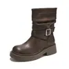 1258-3 Otoño/Invierno Nuevas Botas de Tobillo de Media Caña con Plataforma y Tacón Grueso para Mujer con Hebilla Cuadrada Vintage Desgastada Correa de Cuero