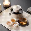 Juego de Té Cerámico para Viaje Pequeño Set Portátil con Tazón de Té, Taza de Té de Cerámica y Bandeja para Té para Beber Té Simple al Aire Libre en Camping
