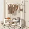 Cabide de chão doméstico, varal simples para secar roupas de quarto, cabide de roupas móvel, prateleira de armazenamento vertical de camada dupla