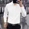 Camisa de manga larga negra de alta gama para hombre, marca francesa, corte slim fit, alta elasticidad, cuello de solapa, camisa casual, nuevo modelo de primavera