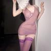 Ropa Interior Sexy talla grande Estilo Nacional Cheongsam Tentación Sexy Morado Uniforme Amor Flor Perspectiva Cheongsam Cadera Seda Perspectiva