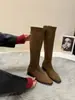 Botas longas de camurça para mulheres, estilo vintage, com salto grosso, coleção outono/inverno 2025, botas de corte justo, botas de montaria de comprimento médio
