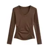 Blusa Gola Coração Estilo Americano Slim Fit Manga Longa, Cashmere Espesso Outono e Inverno, Camiseta Básica Afunilada Franzida