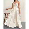 Comércio Exterior 1688 Vestido Branco Plissado de Corte A com Decote em V nas Costas para Férias Românticas na Praia