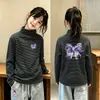 Camiseta de Manga Larga de Polar Doble Cara Alemana para Niñas, Nuevo Estilo Otoño/Invierno, Top Cepillado de Capa Interior para Niñas, Camiseta de Manga Larga Rayada para Niños