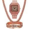 Reloj de Cuarzo de Moda Cuadrado con Diamantes Completos Patrón Romano Escala Traje 3 Piezas/Set