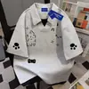 Camiseta de Verano 2026 con Estampado de Gatos en Línea, Cuello Solapa, Manga Corta para Mujer, Look Casual de Dos Piezas, Estilo Americano, Top de Nicho para Parejas