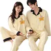 Pijama de Algodão Puro para Casal, Manga Longa e Calça Longa, Conjunto de Duas Peças Cardigan Masculino e Feminino, Conjunto de Duas Peças para Dormir e Lazer Transfronteiriço para Transmissão ao Vivo