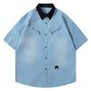 Moda Verão Americano Retrô Zíper Gola Camisas de Trabalho Manga Curta para Homens e Mulheres Marca Tendência Camisas Largas da Moda