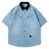 Moda Verão Americano Retrô Zíper Gola Camisas de Trabalho Manga Curta para Homens e Mulheres Marca Tendência Camisas Largas da Moda