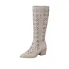 Botas Altas Respiráveis Vazadas Retro Francesas 2026 Verão Salto Grosso Bico Fino Sandálias Versáteis Acima do Joelho Botas Longas Femininas