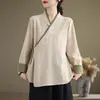 Camisa Hanfu Mejorada Estilo Chino Retro con Cuello Diagonal y Cordones para Mujer, Corte Holgado, Talla Grande, Atuendo de Té Inspirado en Zen, Top de Algodón y Lino para Primavera