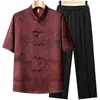 Estilo Chinês Masculino Verão Fino Macio Manga Curta Conjunto de Roupa Tang Chinesa Roupa para Pai Casual Meia-idade e Idosos Roupa Tai Chi