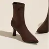 Botines de tacón alto de punta estilo coreano para mujer, botas de invierno marrones elásticas ajustadas, botas de moda para ir al trabajo, gamuza, elegantes