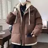 Jaqueta de algodão com capuz, zíper, corte reto, moderna, folgada, com visual de duas peças, para homens, inverno, folgada, casual e espessa.