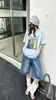 Camiseta de Manga Corta con Estampado de Dibujos Animados para Mujer, Cuello Redondo, Ropa Interior de Verano, Talla Grande Holgada, Camiseta de Tendencia con Estampado Pequeño Simple
