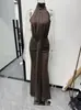 Vestido longo justo de 2025, estilo europeu e americano, com gola halter, plissado, decote alto, costas abertas sexys e design elegante de vestido de noite