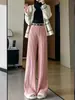 Pantalones de punto acanalado rectos de cintura alta retro estilo coreano para adelgazar para mujer, pantalones casuales de pierna ancha para otoño e invierno