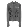 Moletom cardigã com capuz listrado estilo asiático slim fit curto de manga longa para homens, jaqueta punk com estampa de totem e nota musical de nicho