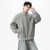 Chaqueta Gris con Cuello Alto Estilo Retro Americano para Hombre Otoño Invierno Marca de Moda Holgada Versátil Tacto de Alta Gama Doble Cremallera Chaqueta Casual