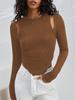 2025 Europeu e Americano Amazon Transfronteiriço Vazado Irregular Feminino Gola Redonda Tricot Manga Longa Camiseta, Estilo Moderno Fashion e Sexy