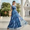 Vestido largo de malla estampada con volantes en V estilo hada, vestido de dama de honor para boda, elegante vestido de gala, vestido para fiesta de noche