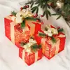 Caixa de Presente de Natal com Luzes, Decorações Xadrez Vermelho e Preto, Caixa Vazia, Enfeites de Pinha, Arranjo de Cena, Conjunto de Caixa de Presente de Três Peças