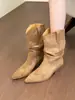 ¡Guía de principios de otoño! Botines retro de ante con punta fina y tacón grueso, botines cortos estilo coreano western para mujer, perfectos para otoño e invierno