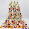 Moda primavera y verano bordado estilo bosque, apliques grandes de hilo de colores bordados a máquina, base de malla de gasa ligera tela de encaje bordado, encaje 3D