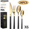 Novo conjunto de talheres de aço inoxidável com cabo quadrado Amazon para exportação, 24 peças, faca, garfo e colher, faca, garfo e colher para bife ocidentais banhados a titânio