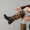 Botas Largas Retro Llamativas para Mujer Otoño e Invierno 2025 Punta Redonda Tacón Grueso Tacón Medio No Más Altas que la Rodilla Botas de Moda Llamativas