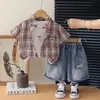 Conjunto de Ropa de Verano para Niños Conjunto Elegante de Verano para Bebé de 1 Año 3 Años Pantalón Corto de Camisa a Cuadros de Verano Conjunto de Tres Piezas Moderno