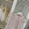 [Novo Produto de Verão] Rosa Champagne! Vestido de Renda Estilo Francês com Mangas Bufantes e Gola Boneca para Meninas Verão 2026