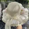 Sombrero de Paja Francés de Encaje con Lazo de Verano para Mujer con Ala Ancha y Perlas, Sombrero de Sol con Protección Solar, Sombrero de Sol para Vacaciones en la Playa