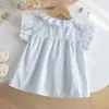 Camisas para Niñas, Nuevo Estilo de Verano, Cuello Peter Pan con Adorno de Encaje para Niños, Tops con Mangas Cortas Volantes, Elegantes Camisas Blancas para Bebés