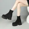 Botas femininas curtas de camurça para outono e inverno, com plataforma impermeável, salto quadrado, tamanho grande, bico redondo, versáteis, leves, estilo slip-on, botas Martin