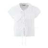 Nuevo Modelo 2026 para Comercio Exterior Transfronterizo: Top de Cuello Peter Pan Pequeño con Aplique de Corazón, Bordado Hueco, Corbata y Mangas Abullonadas