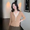 Cárdigan de Lana para Mujer 100% Lana Pura Hilo Yangtze Alemán Nuevo Cuello en V Falso Dos Piezas Manga Larga Delgado Suéter de Punto