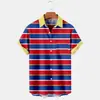 Camisa Masculina de Verão Listrada Estampada de Manga Curta Quatro Lados Moda Jovem Fashionável Fresca e Confortável Camisa Masculina Versátil