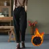 Calça Harem Espessa Forrada com Fleece de Sarja 100% Algodão para Mulheres, Nova Calça Casual Elegante Outono/Inverno 2026 com Cintura Elástica, Calça Longa da Moda