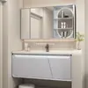 Novo gabinete de banheiro em carvalho com luzes, lavatório cerâmico integrado para lavar as mãos e o rosto, gabinete de banheiro em carvalho laqueado