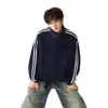 Sudadera con Capucha Cardigan Deportivo Bloque de Color Raya Americana Hombre Otoño Nuevo Holgado Estilo Universitario Marca de Moda Chaqueta con Cuello Alto