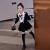 Roupa infantil para meninas, vestido de primavera e outono, novo vestido princesa casual doce e legal estilo faculdade, elegante pretinho básico