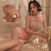Conjunto Uniforme Lingerie Saia Curta Cheongsam Transparente de Manga Curta Botão Frontal Gola Alta Retrô 8559