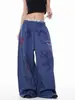 Pantalones de Pierna Ancha de Dibujos Animados Azul Lavado para Mujer Otoño e Invierno 2025 Pantalones Rectos Ajustados de Cintura Alta Retro Pantalones Casuales Modernos
