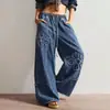 Jeans Estilo Retro Americano Nuevo Pantalones de Pierna Ancha con Parches Florales Jeans para Mujer Parches Florales Retro