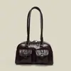 Bolso de Bolos de Cuero Encerado con Doble Bolsillo, Diseño Retro, Bolso de Axila Versátil de Gran Capacidad, Bolso de Mano Retro Europeo y Americano Esencial