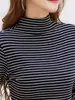Camiseta Base de Cuello Medio Alto para Mujer 2026 Nuevo Cepillada Cuello Medio Ajustado Manga Larga Rayada Otoño/Invierno Ropa Interior Top Negro